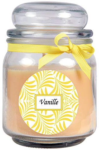 HS Candle Duftkerze mit Schriftzug Vanille im Bonbon Glas, 300g Wachs - Brenndauer ca.: 70 Stunden, Kerze im Glas in Geschenkverpackung