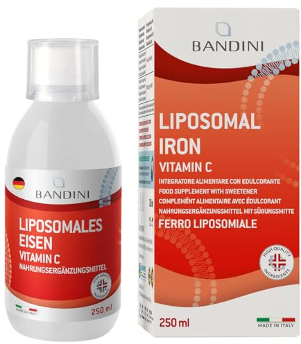 Bandini® Liposomales Eisen + Vitamin C | 250ml Flüssigformat, 10ml Tagesdosis für 25 Tage | 20mg Eisen + 100mg Vit C je Tagesdosis | Hochdosiert, laborgeprüft, vegan, ohne Zusätze | Mit Messkappe