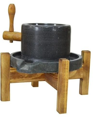 Natural Handmade Bluestone Mill/Grinder With Wooden Stand Used For Food, Grains, Spices Family Stone Mil Stone Grinder Stone Mill Soy Milk Hemp Material With Old Fir Shelf Handmade ( Color : Wooden )