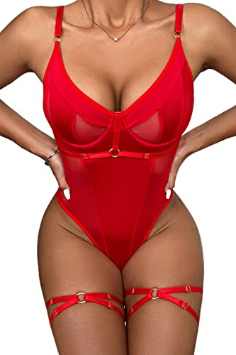 Aranmei Body para mujer, top sexy con aros con entrepierna a presión con correas de pierna y tanga, conjunto de lencería, Red, S