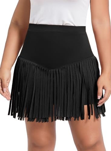 Ella Lust Jupe Franges Taille Haute pour Femme Tenue de Cowgirl Rodo Western Tassel Booty Pole Dance EDC Festival Rave Bottoms, Noir, Taille M