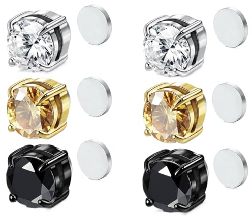 3 Pares 6mm Acero Inoxidable Imanes Pendientes Magnéticos Imán Hombre Mujer Niña Circonita Falsos Oreja Pendientes Sin Perforación Redondos Clip Sin Agujero No Piercing Pendiente Negro Plata Dorado