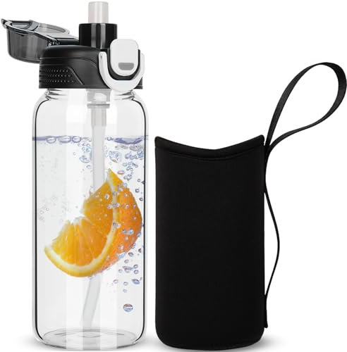 DEARRAY 0.6l Gourde en Verre avec Paille, 600ml Bouteille d'eau en Verre Borosilicaté Anti-fuite pour Enfants, École