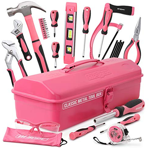 Hi-Spec 33Pcs Beginner Real Hand Tool Kit in Metal Box, Pink | DIY & Crafts, Easy First Projects, Comfortable Handling, Real Steel Tools, Organized Metal Box, Home and Craft Tasks