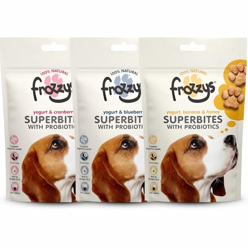 Frozzys Superbites Grain Free Dog Treats with Probiotics, Rich in Omega 3/6 for Skin, Coat & Digestive Health - Natural Low Fat Healthy Puppy Training Treats - Taster Pack, 3 x 100g Pouches