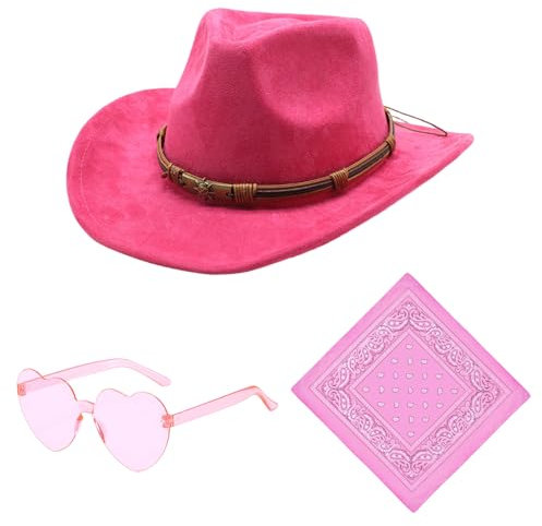 Raveparty Cowgirl-Hut, Rosa Cowboyhut Damen Cowgirl-Hüte mit rosa Hijab Herz Sonnenbrille für Damen Cowboyhüte Pferdeshows Karneval Halloween (Stil 3)
