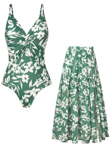 GRACE KARIN Tvådelad baddräkt för kvinnor, V-ringad monokini elegant blommigt tryck, baddräktsklänning, simkjol, set, baddräkt i ett stycke med cover up kjol, 2 st, set med magkontroll, baddräkter