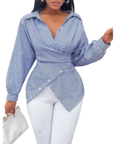 Chvity Stripes V Neck Wrap Blouse for Women Fashion Sexy Slim Fit Long Sleeve Business Shirts Casual Cozy Tops