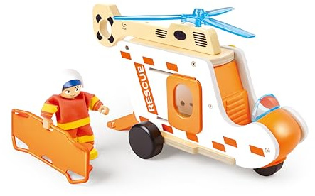 Hape räddningshelikopterset, av trä med figur och bärsele – leksakshelikopter – rullleksak för små livräddare – robust träleksak, för barn från 2 år