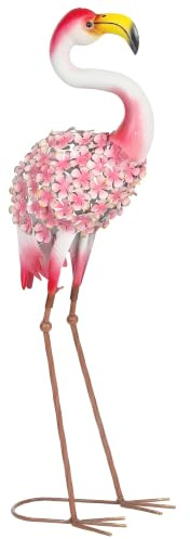 Outsunny Statue de Jardin Flamant Rose en Métal avec Plumes Florales Rouge | Sculpture d'Oiseau, Décoration de Jardin, Piquets de Fixation, Terrasse ou Paysage