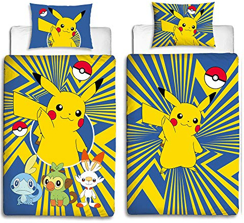 Parure de lit réversible Beronage - Pour enfant - Motif Pokémon Go Pikatchu - 100 % coton - Dimensions standards : 135 x 200 cm + 80 x 80 cm