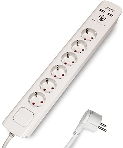 FeinTech MD000632 6-fach Steckdosenleiste mit USB Schnell-Ladung + Überspanungsschutz, 3680 W, Weiß