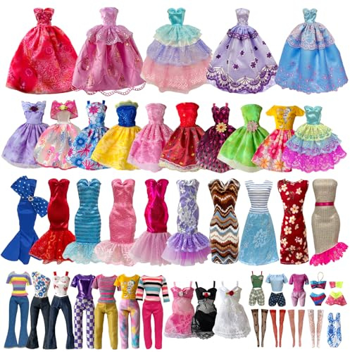 19 Pcs Doll Clothes and Accessories for 11.5 Inch Girl Dolls Outfit, Random 3 Stylish Dresses, 4 Tops, 4 Pants, 3 Evening Dresses, 1 Wedding Dress, 2 Swimsuits, 2 Pairs of Stockings