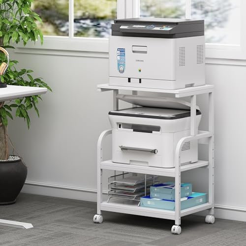 Fannova White Printer Stand, 3 Shelf Printer Table with Wheels, Rolling Printer Cart for Home Office Small Spaces Organization and Storage, Stand for Heat Press Microwave