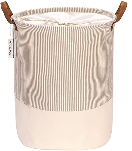 Sea Team Streifenmuster Wäschekorb Canvas Stoff Wäschekorb Faltbarer Aufbewahrungsbehälter mit PU-Ledergriffen und Kordelzugverschluss, 17,7 x 13,8 Zoll, wasserdicht innen, grau
