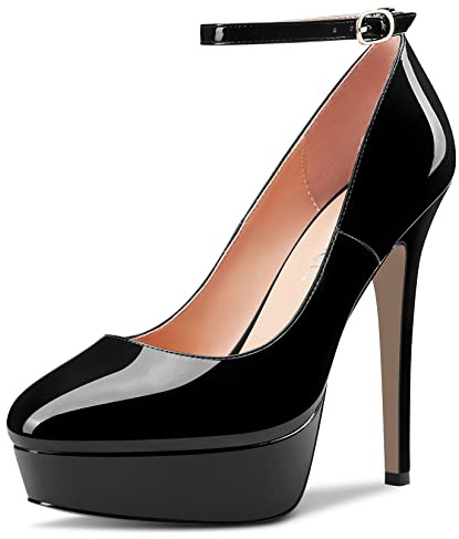 Castamere Femmes Aiguille Haut High Plate-Forme Talon Heel Rond Bout Lanières Cheville Escarpins Slip-on Mariage Party Dress 13 CM Heels Noir 44 EU