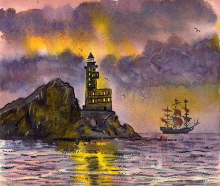 Acryl-Bild 40 x 30 cm: Romantische Aquarellmalerei Sonnenuntergang Meereslandschaft mit Schiff und Leuchtturm auf dem Felsen.(102217356)