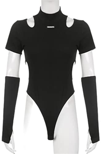MENGQING Dark Punk - Body gótico Y2k para mujer, con corte negro, sexy, para verano, con guantes, ropa de calle de moda grunge, color negro, talla M