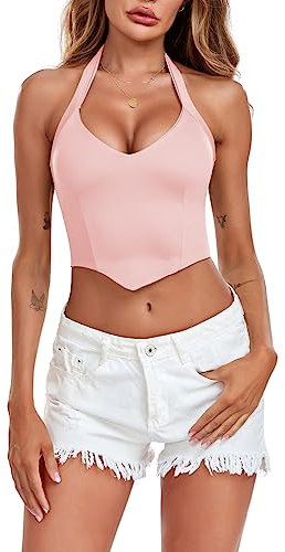 EVELIFE Top corto da donna sexy profondo V Halter Neck Vest senza maniche corsetto top da donna bustier top canotta estiva, rosa, M