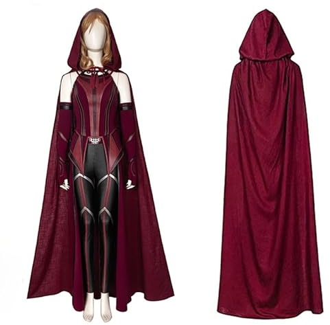 XehCaol 6-teiliges Rotes Hexenkostüm für Damen mit Umhang und Kopfschmuck | Mit Kapuzenumhang, Oberteil, Hose, Kopfschmuck und weiteren Accessoires für Halloween, Karneval und Cosplay