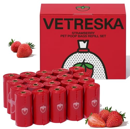VETRESKA Strawberry Scented Dog Poop Bags, Leak Proof, Extra Thick and Large Pet Waste Bags for Dogs Walking and Cat Litter, 20 Refill Rolls, 300 Bags, Red