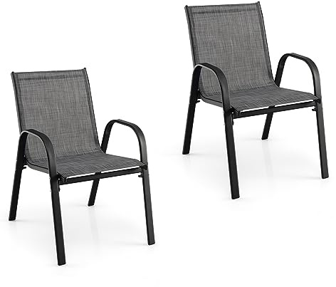 GIANTEX Juego de 2 Sillas Apilables, Silla de Jardín con Pasamanos, Marco de Acero Tubular Barnizado en Polvo para Jardín y Patio, Color Negro (2)