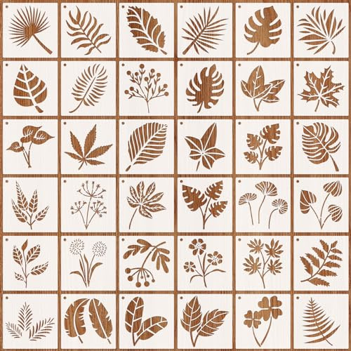 JSRQT 36 Piezas Plantilla de Pintura de Patrones Hojas Botánicas,Stencil di Pittura Hojas Tropicales,Reutilizable Flor Stencil,Plantilla para Paredes Lienzo Madera Muebles 4 x 4”