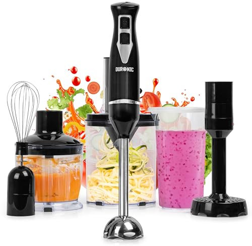 Duronic Electric Hand Blender HB35 BUNDLE 350W Baby Food Maker with Immersion stick Whisk Masher Attachments 0.6L Smoothie Maker with Vegetable Spiralizer & Mini Food Chopper
