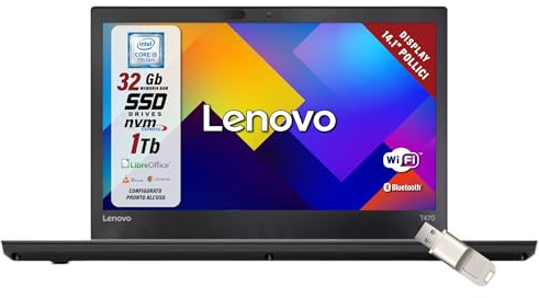 Lenovo Carbon X1, Pc Portatile Intel i5-5300U 2 Core 2.3Ghz, Ram 8Gb SSD 512Gb, Display 14.1 HD, Notebook Pronto all'uso con Libre Office, Win 11 (Ricondizionato)