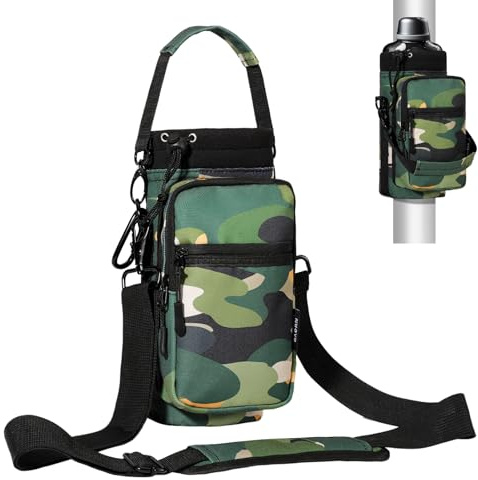 Nuovoware Magnetic Gym Bag Water Bottle Carrier Holder with Adjustable Shoulder Strap, 1000ml Magnets Magnetic Gym Bag Bottle Pouch Sling, 2 Pocket Sling Neoprene Organizer Sleeve, Camouflage Green