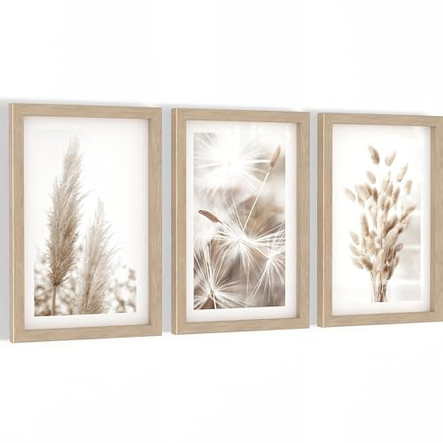 Novart Set de Cuadros Boho con Pampas - Marco Incluido - Decoración de Pared para Salón y Dormitorio - 3 Imágenes en Tonos Beige - N108930aR1