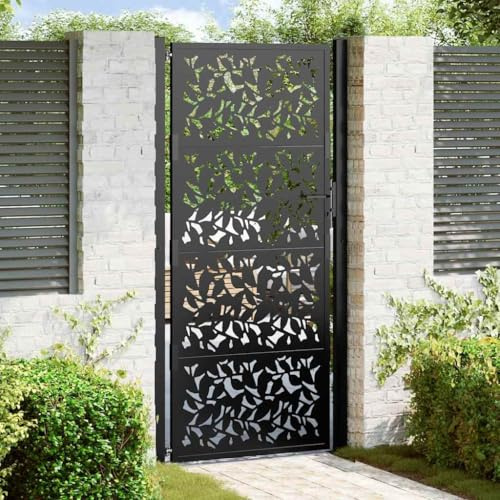 Portail de Jardin, Acier Galvanisé Thermolaqué, Design Découpé Laser, Portillon de Jardin Verrouillable, pour Clôture Jardin et Terrasse, Couleur Noir, 105 x 205 cm
