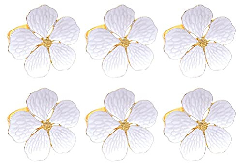 lyrlody Servettringar med Blommor, Gyllene Blommiga Servettringar Set med 6 Stycken med Vita Blommor, för Bordsdekoration Bröllopsmiddagar och Fester