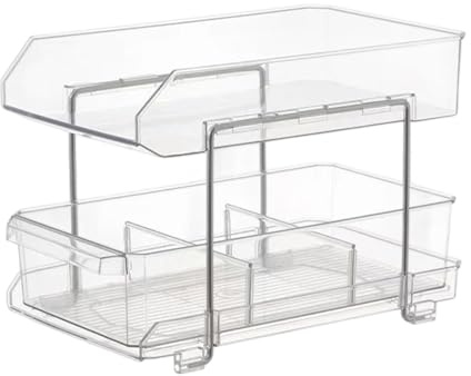 BUBEFSKD De Rangement Coulissant en Acrylique Transparent À 2 Niveaux avec Séparateurs pour Organiser sous L'évier Cuisine Salle Bain Cloison Amovible Étagère Salle Bain