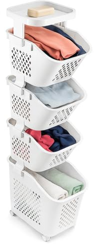 Rolling Laundry Basket Tower, 4-Tier Laundry Hamper with Wheels, Removable Sorting Bins, Ventilated & Easy-Clean Plastic, Space Saving Organizer for Bathroom Bedroom Utility Kitchen Storage