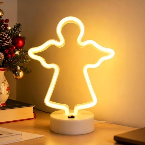 Weihnachtsdeko Neonschild mit Sockel, Beleuchtet Weihnachtsdeko Neon Nachtlicht, USB/Batteriebetriebenes Weihnachten Leuchtschilder für Weihnachtsfeier Geburtstagsfeier Schlafzimmer (Engel)