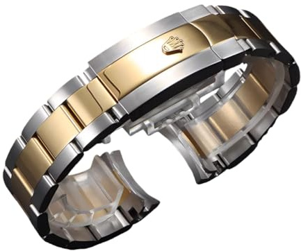 ROUREOX Bracciale Orologio Acciaio Curvo Massiccio Cinturino Metallo Finale Tondo Braccialetto Ricambio 20mm 21mm Solido per Rolex Submariner-Argento + Oro 20mm