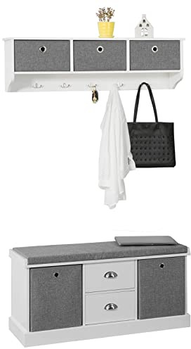 SoBuy Wandgarderobe-Set Flurset Flurmöbel Schuhbank mit Sitzfläche Flurgarderobe FSR66-HG+FRG282-W