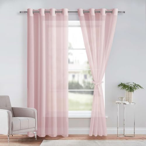 DWCN Blush Pink Sheer Curtains with Tiebacks Semi Transparent Voile Grommet Curtains Elegant Window Curtains for Bedroom and Living Room,2 Panels,W52 x L84