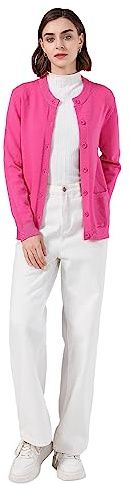SMILING PINKER Cardigan boutonné à col Rond en Tricot côtelé avec Poches pour Femme