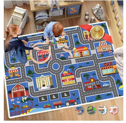 Xyrjova Kids Car Rug Play Mat, 31''x47'' Non-Slip Soft and Machine-Washable Playroom Rug Car Rugs for Kids Toy Cars Kid Classroom Road Rugs for Boys and Girls