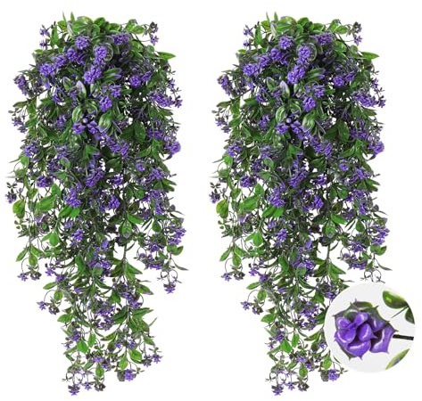 RECUTMS Artificial Hanging Flowers Trailing Basket Outdoor Decor 2Pcs | Purple Faux UV Resistant Plastic Eucalyptus Vines, ideal for Wedding Indoor Outdoor Room Balcony Patio Porch Garden Party