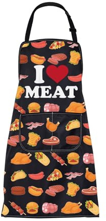 I Love Meat Apron with Pockets Meat Cooking Apron Meat Cutting Aprons for Men Meat BBQ Grilling Aprons Meat Lover Gifts (I Love Meat Apron)