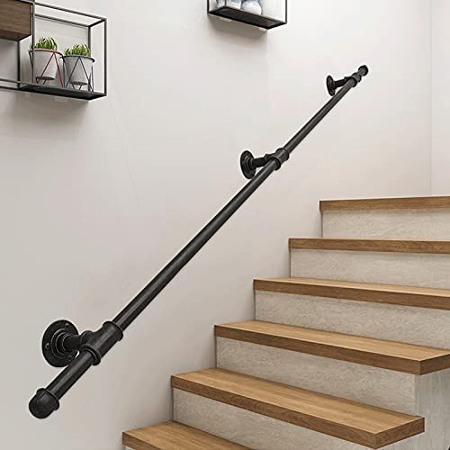 Pasamanos para interiores y exteriores para escaleras, kit de soporte de hierro forjado resistente con barra de agarre para seguridad, acabado con recubrimiento en polvo negro mate, adecuado para
