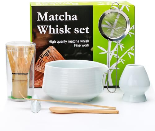 Accguan Matcha Whisk Set, 7pcs - Bamboo & Ceramic, Includes 19 oz Bowl, Whisk, Spoons, Holder, Sifter & More - Perfect for Matcha Lovers
