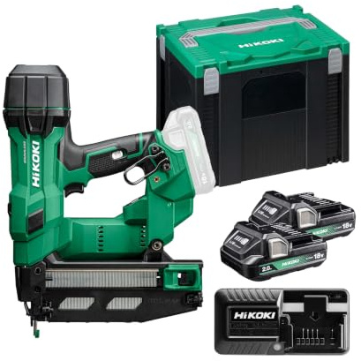 HiKOKI Clavo con batería de 0° - 18 V, 25-64 mm, 16 calibres, compacto, ligero, potente, luz LED, motor sin escobillas, accionamiento por resorte neumático, incluye 2 baterías de 18 V/2 Ah + cargador