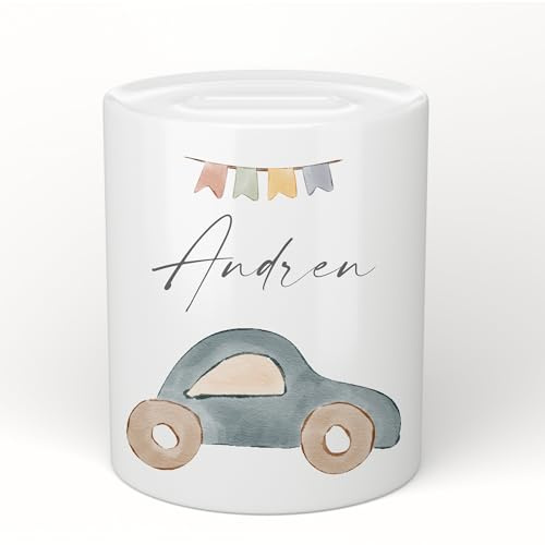 Manufaktur Liebevoll Spardose mit Namen Personalisierte Spardose Kinder Geschenk Baby Mädchen Junge Sparschwein Auto Fahrzeug