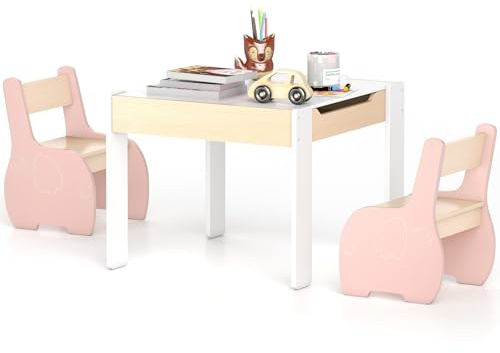 COSTWAY Kids Table and Chair Set, Wooden Children Study Desk with 2 Chairs, Reversible Blackboard Tabletop & Hidden Storage, 3PCS Toddler Activity Furniture for Learning, Drawing, Dining (Pink)