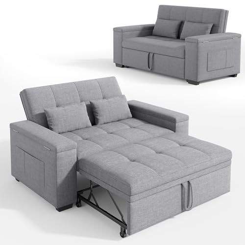 Xbro Divano Letto 2 Posti in Lino, Letto Esteso 175x116 cm, Convertibile 3 in 1 con 2 Cuscini e Tasche Laterali, Compatto Salvaspazio per Soggiorno e Camera Ospiti, 156x74x84 cm, Grigio Chiaro