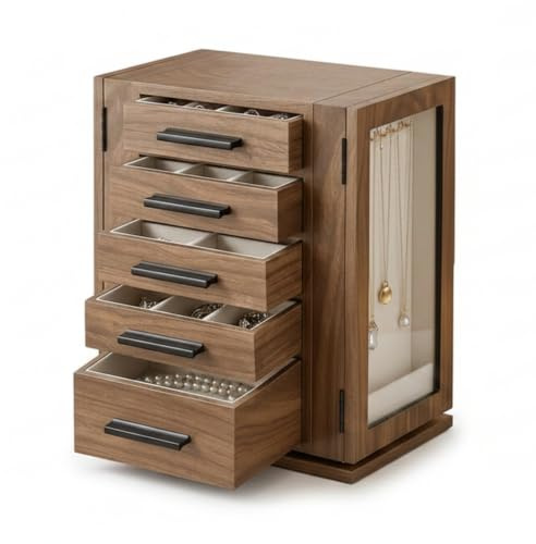 HOOBRO 360° Rotating Jewelry Box for Women, Wooden Jewelry Organizer